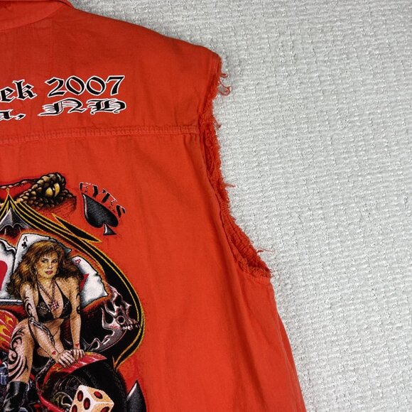 Y2K USA Biker Design Vest Mens L Orange Sleeveless Cut Off Bike Week 2007 - Picture 5 of 16